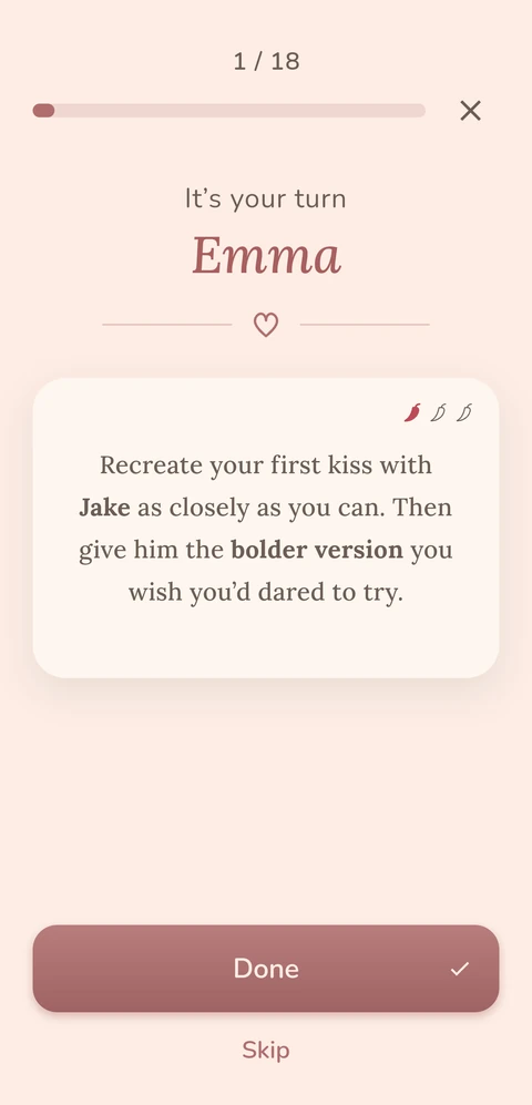 Two In Play — Card screen: it’s Emma’s turn, card 1 of 18 — “Recreate your first kiss with Jake as closely as you can.”