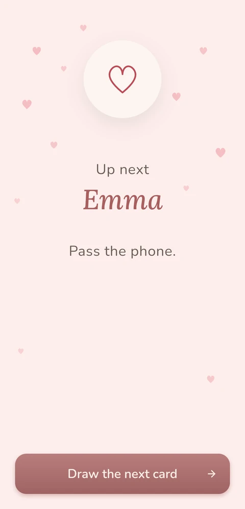 Two In Play — App screen: Up next, Emma. Pass the phone.
