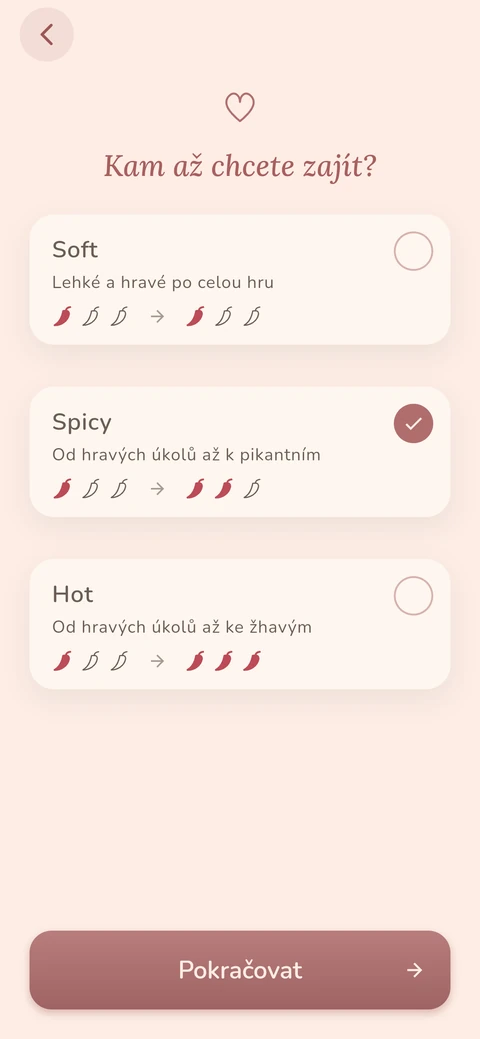 Two In Play – Obrazovka aplikace: Kam až chcete zajít? Soft, Spicy nebo Hot