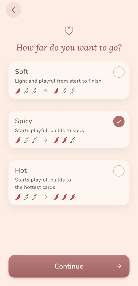 Two In Play — App screen: How far do you want to go? Soft, Spicy, or Hot