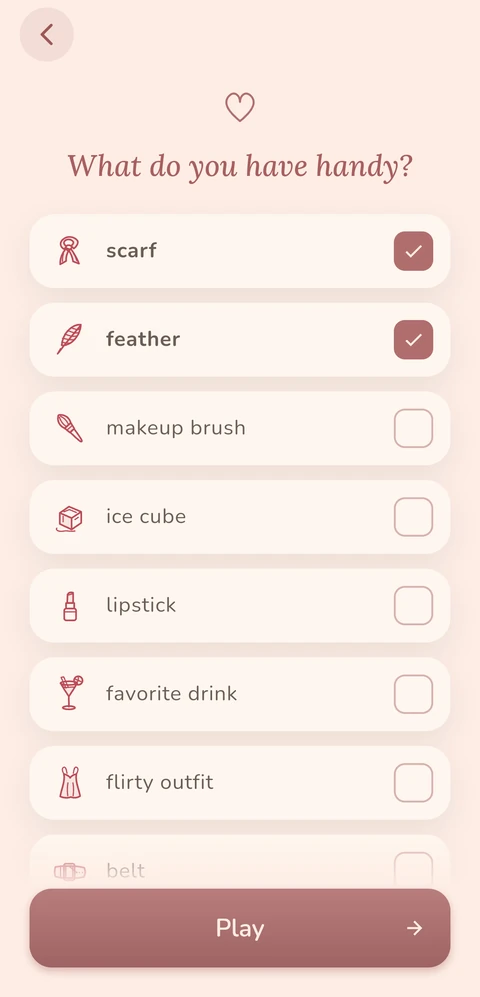 Two In Play — App screen: What do you have handy? A list of things to tick off